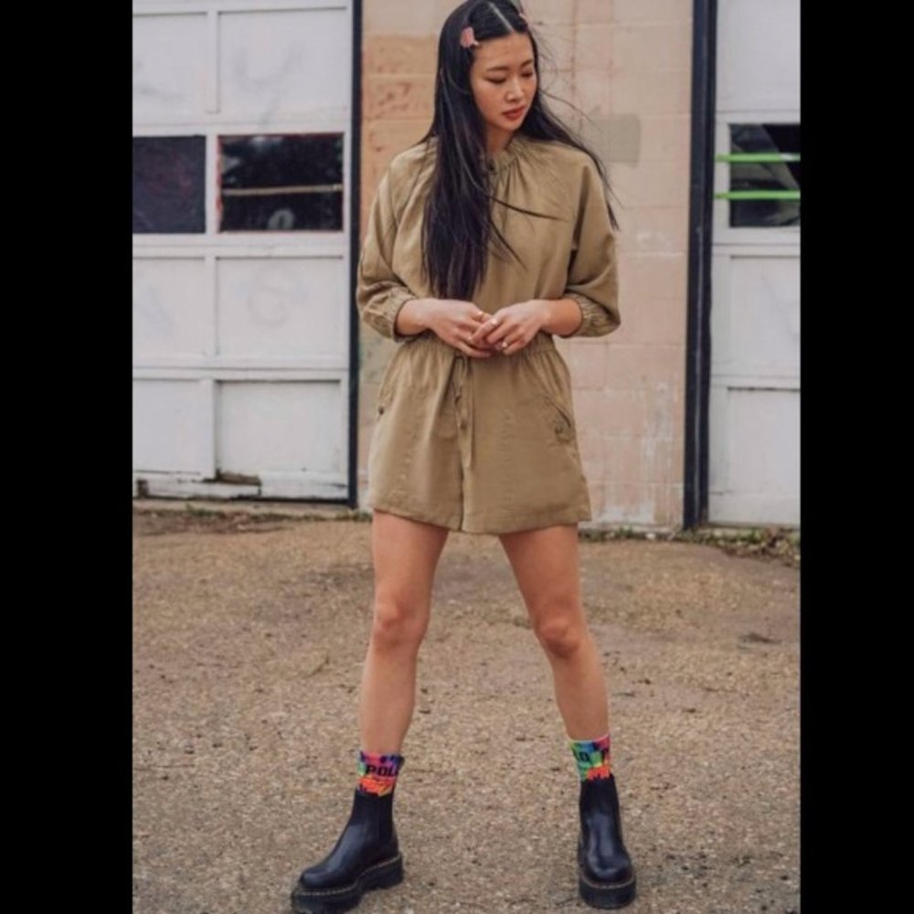 Urban Outfitters UO Dylan Safari Zip Front Romper Tan XS